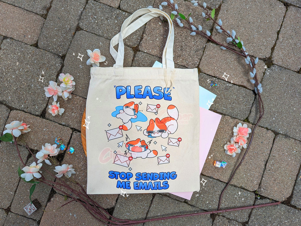 Tote Bag: PLEASE STOP SENDING ME EMAILS with assorted crying, screaming, sad fluffy calico cats