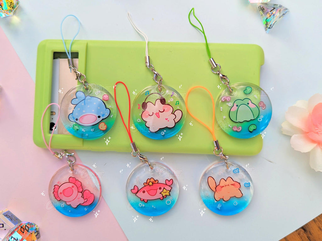 Bubble Phone Charms, Whale, Music Cat, Frog, Axolotl, Crab, and Orange Cat