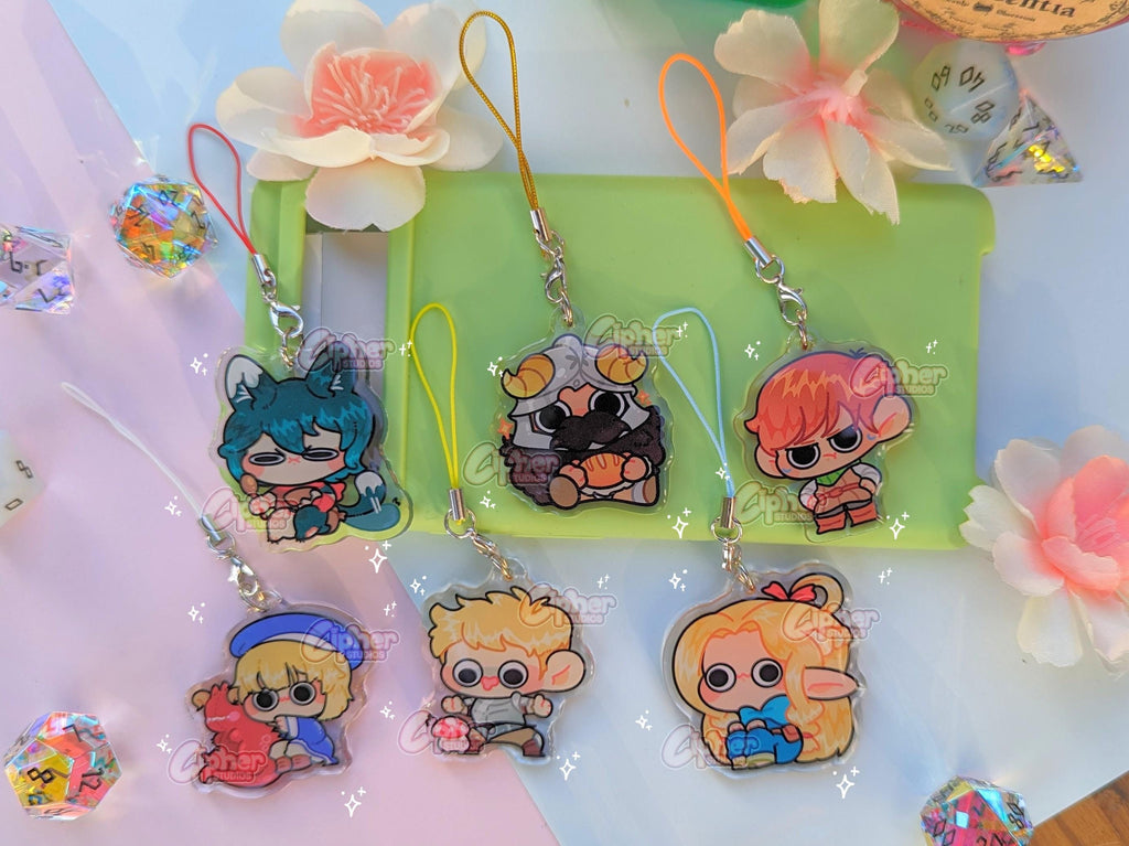 Dungeon Meshi mini acyrlic phone charms; Itsuzumi, Senshi, Chilchuck, Falin, Laois, & Marcille!