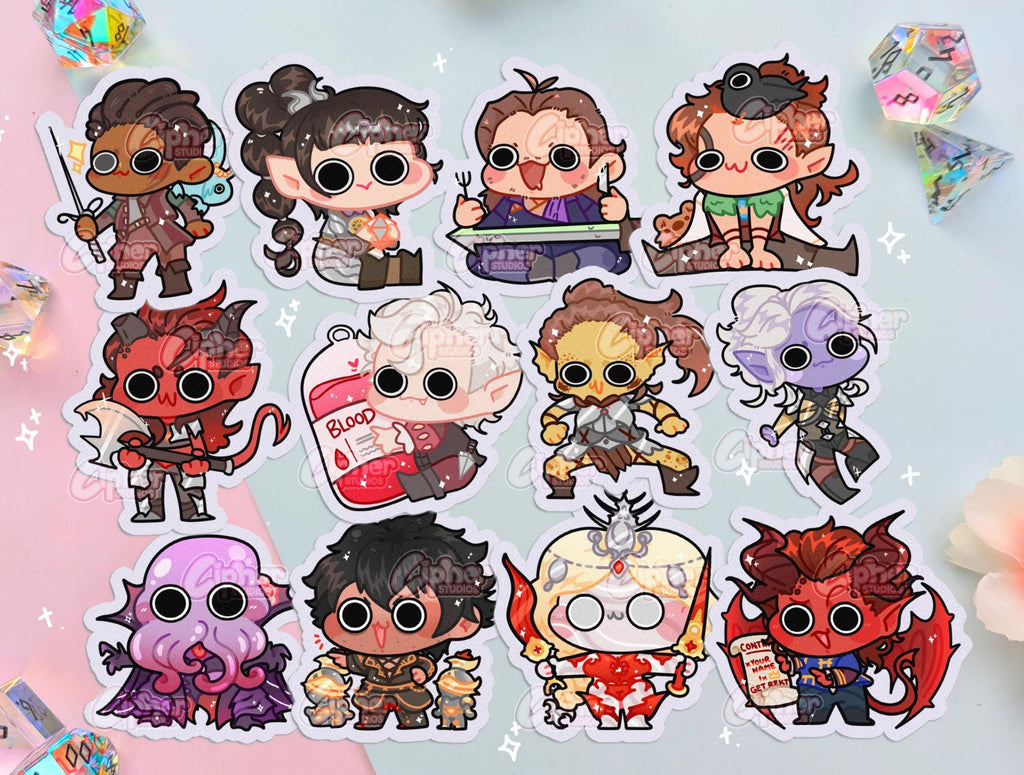 STICKERS FROM TOP ROW; LEFT TO RIGHT
WYLL, SHADOWHEART, GALE, HALSIN
MIDDLE ROW; KARLACH, ASTARION, LAE&#39;ZEL, MINTHARA
BOTTOM ROW; THE EMPEROR, GORTASH, ORIN,RAPHAEL