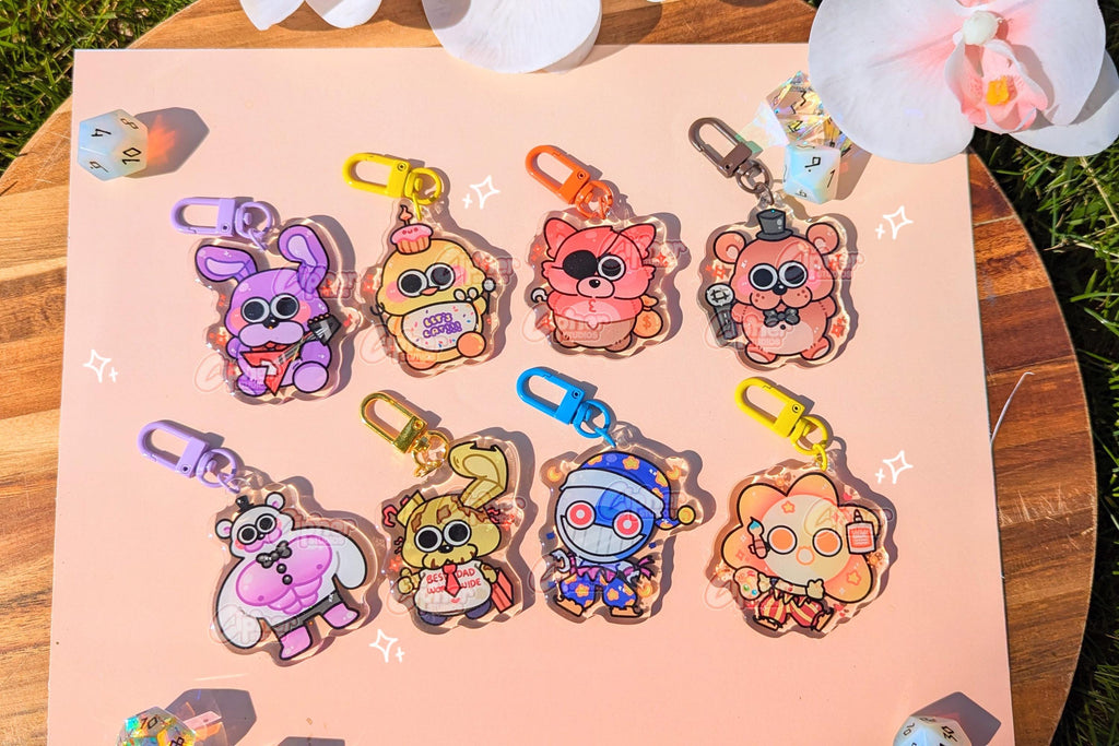 FNAF Inspired Keychain | 2.3" Charms ft. Freddy Fazbear, Chica, Bonnie, Foxy, Sun, Moon, Springtrap & Buff Helpy