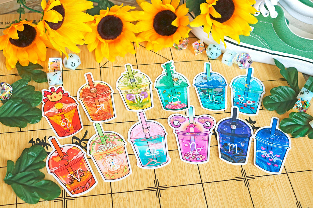 Zodiac Boba Tea Stickers! [Aries, Taurus, Gemini, Cancer, Leo, Virgo, Libra, Scorpio, Sagittarius, Capricorn, Pisces, etc!]