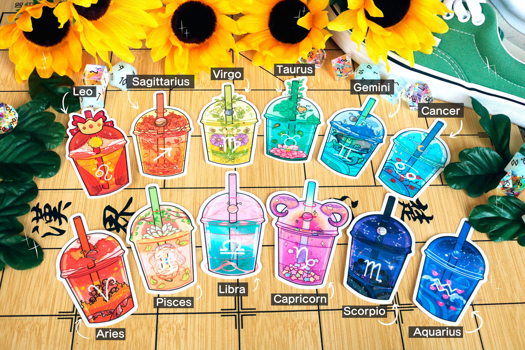 Zodiac Boba Tea Stickers! [Aries, Taurus, Gemini, Cancer, Leo, Virgo, Libra, Scorpio, Sagittarius, Capricorn, Pisces, etc!]