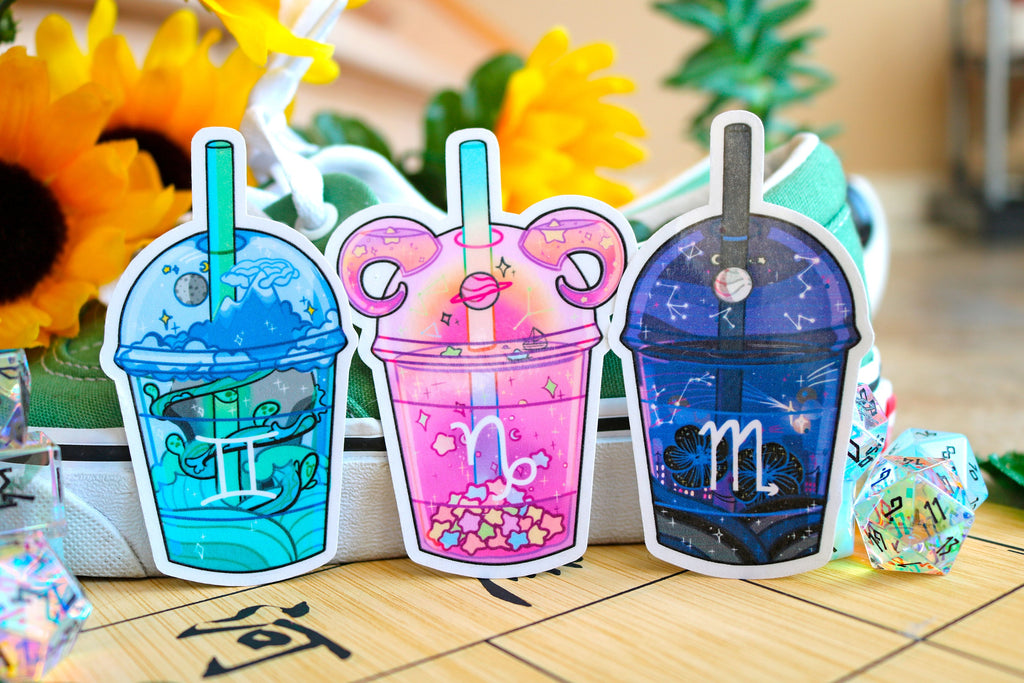 Zodiac Boba Tea Stickers! [Aries, Taurus, Gemini, Cancer, Leo, Virgo, Libra, Scorpio, Sagittarius, Capricorn, Pisces, etc!]