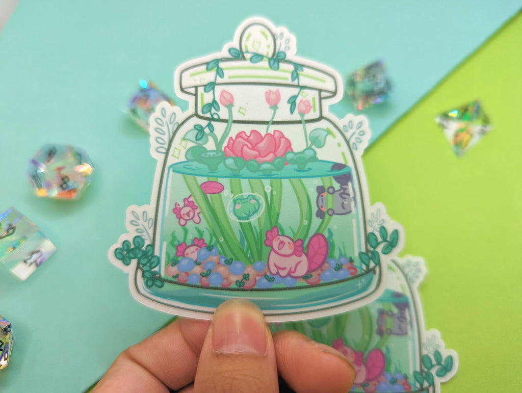 Terrarium Stickers [Ft. Froggy Teacup, Calico Mushroom, Axolotl Jar!] Clear, Translucent & Matte!