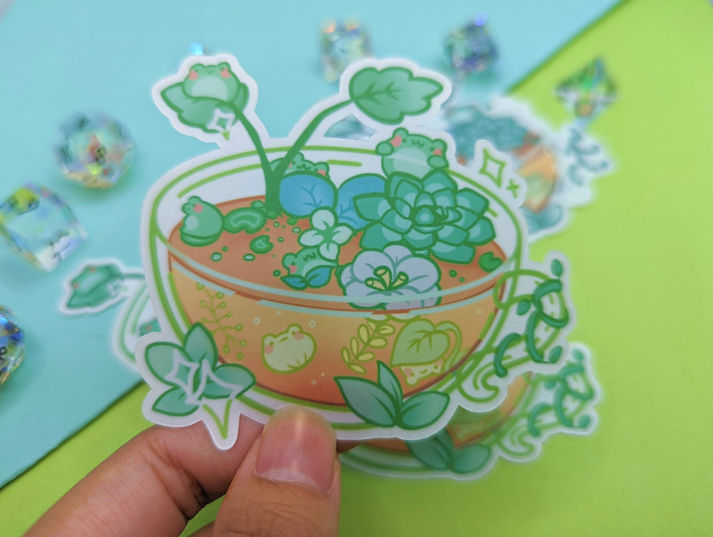 Terrarium Stickers [Ft. Froggy Teacup, Calico Mushroom, Axolotl Jar!] Clear, Translucent & Matte!