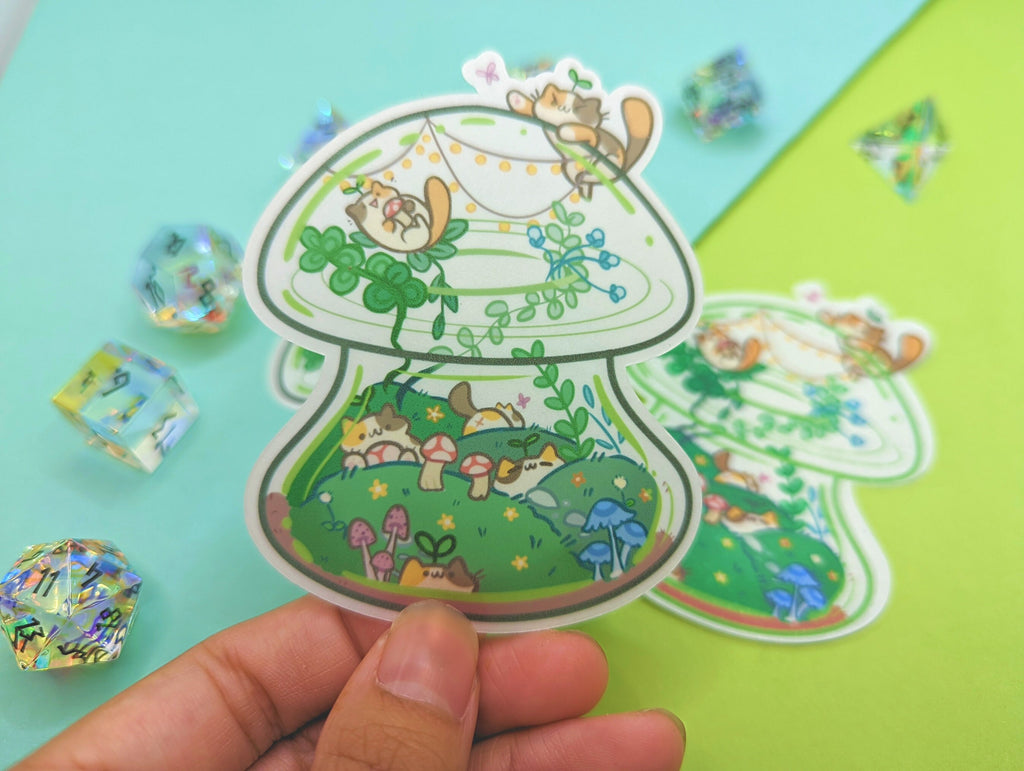 Terrarium Stickers [Ft. Froggy Teacup, Calico Mushroom, Axolotl Jar!] Clear, Translucent & Matte!