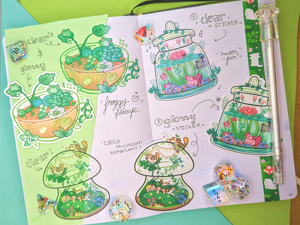 Terrarium Stickers [Ft. Froggy Teacup, Calico Mushroom, Axolotl Jar!] Clear, Translucent & Matte!