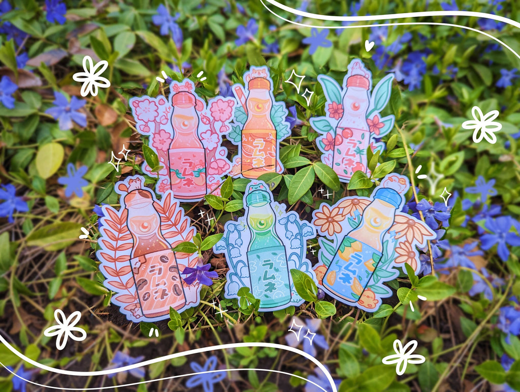 Ramune Drink Stickers [Ft. Froggy Lily, Coffee Calico, Cherry Bunny, Orange Shibe, Peach Axolotl, Lemon Ducky!] Aesthetic Drink Stickers!