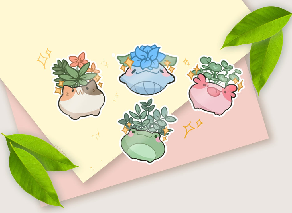 Cute Animal Planter Stickers [Ft. Calico, Whale, Axolotl, Frog!] Succulents, Herbs, Florals